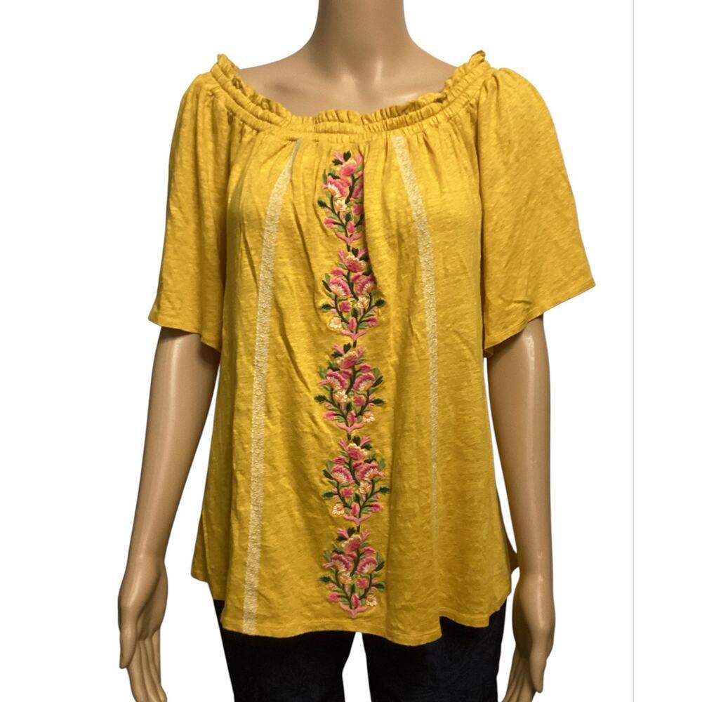 Sundance Yellow Embroidered Linen Blouse Boho Peasant Top Short Sleeve Smocked M